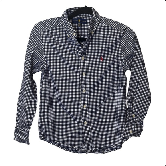 Ralph Lauren Boys Navy Checkered Button Down Shirt size Med (10/12) - Picture 1 of 4